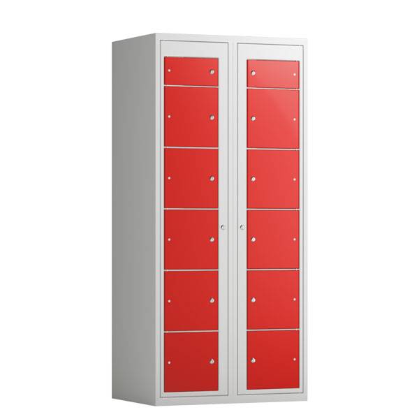 Tøjudleveringsskab 2x6 rum med cylinderlås, med lige tag  og røde døre