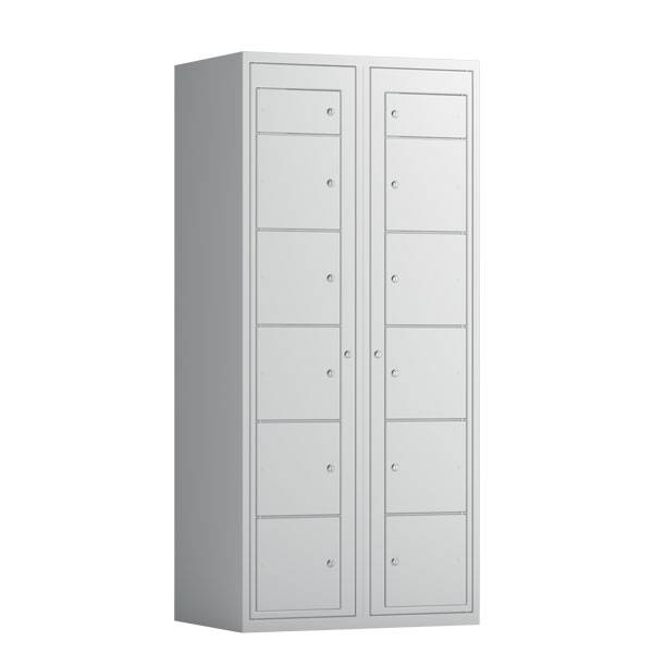 T&oslash;judleveringsskab 2x6 rum med cylinderl&aring;s, med lige tag og lysegr&aring; d&oslash;re