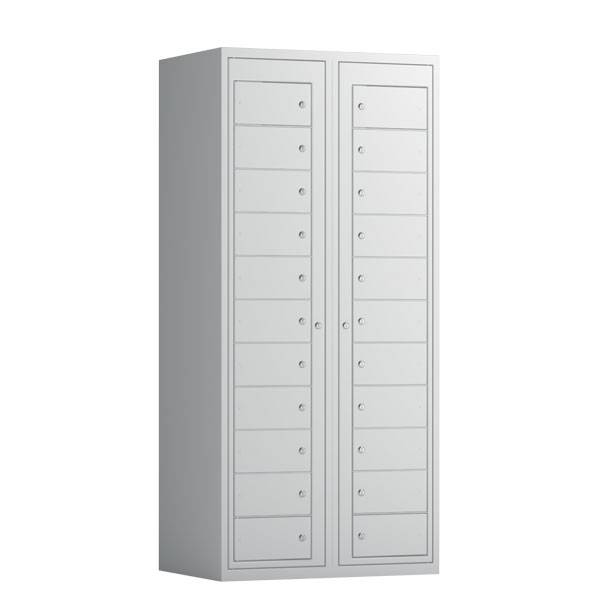 T&oslash;judleveringsskab 2x11 rum med cylinderl&aring;s, med lige tag  og lysegr&aring; d&oslash;re