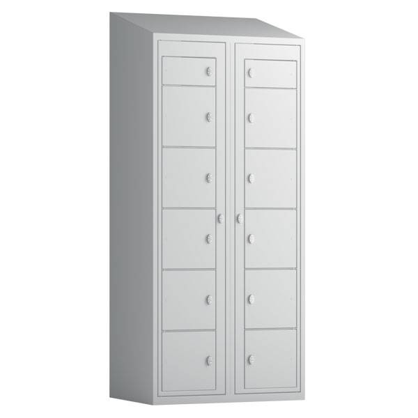 T&oslash;judleveringsskab 2x6 rum med greb til h&aelig;ngel&aring;s, med skr&aring;t tag og lysegr&aring; d&oslash;re