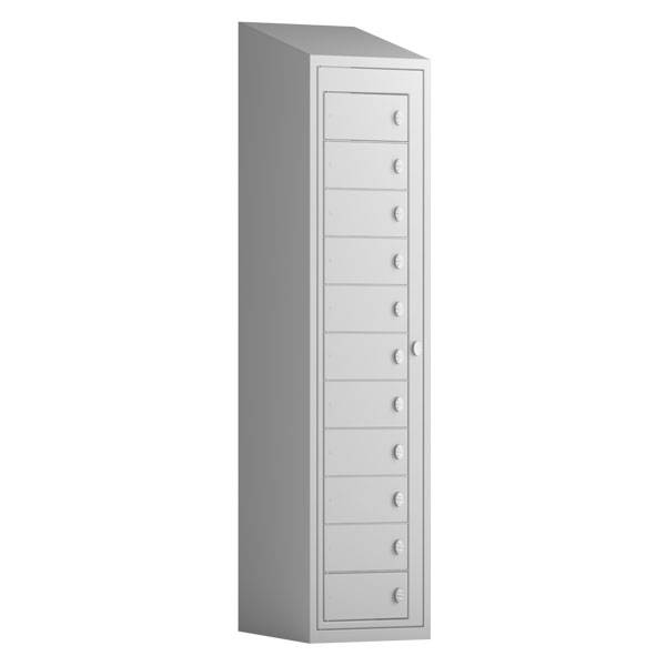 T&oslash;judleveringsskab 1x11 rum med greb til h&aelig;ngel&aring;s, med skr&aring;t tag og lysegr&aring; d&oslash;re