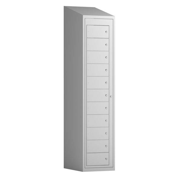 T&oslash;judleveringsskab 1x11 rum med cylinderl&aring;s, med skr&aring;t tag og lysegr&aring; d&oslash;re