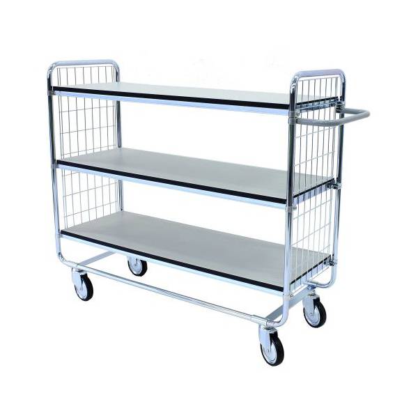 Hyldevogn med 3 ESD hylder 1120x460x800mm, s&oslash;lv med gr&aring; hjul