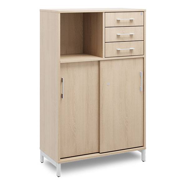 Office skab med skyded&oslash;r og skuffer 1275x800mm eg p&aring; alugr&aring;t stel