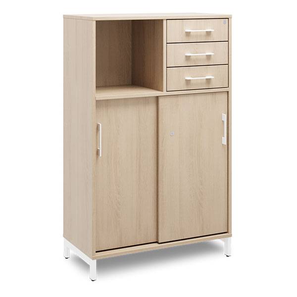 Office skab med skyded&oslash;r og skuffer 1275x800mm eg med hvidt stel