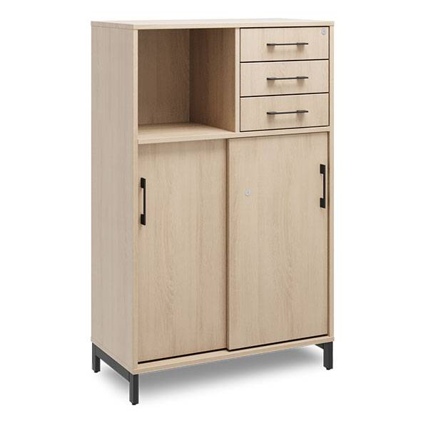 Office skab med skyded&oslash;r og skuffer 1275x800mm eg med sort stel