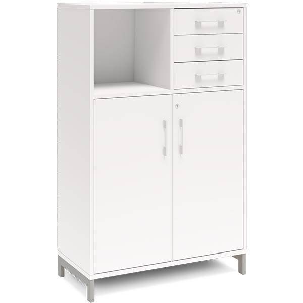 Office kontorskab med døre og skuffer 1275x800mm hvid med alugråt stel