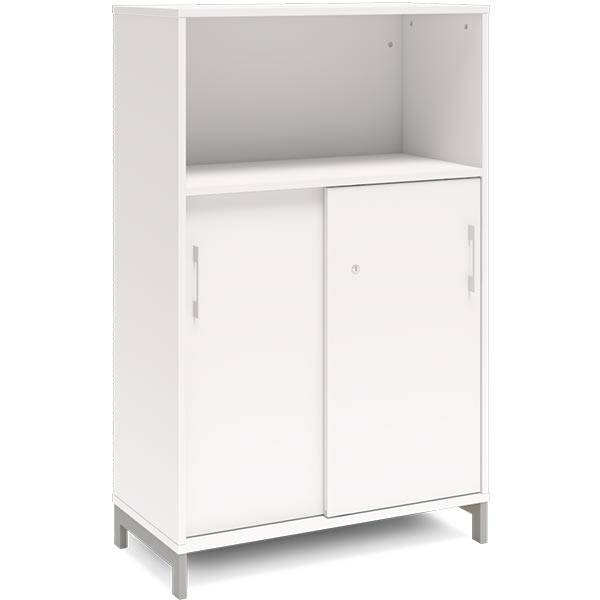 Office skab med skydedør og reol 1275x800mm hvid med alugråt stel