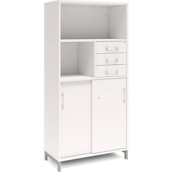Office skab med skydedør og skuffer 1660x800mm hvid med alugråt stel