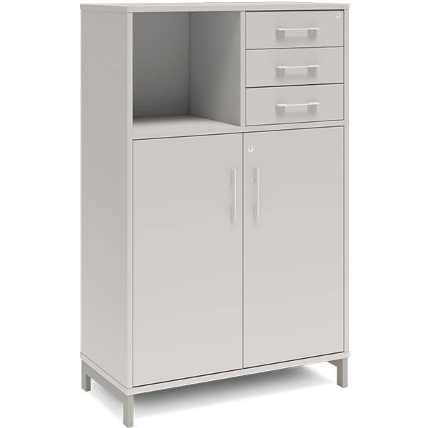 Office kontorskab med d&oslash;re og skuffer 1275x800mm lys gr&aring; med alugr&aring;t stel