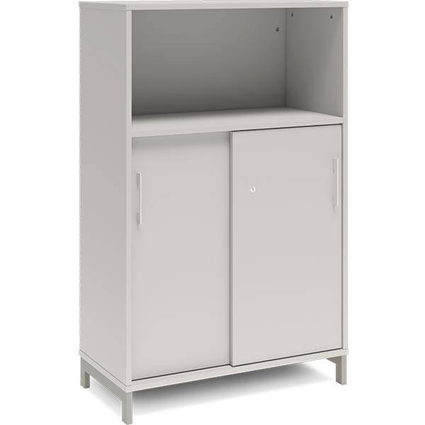 Office skab med skydedør og reol 1275x800mm lys grå med alugråt stel