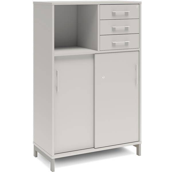 Office skab med skydedør og skuffer 1275x800mm lys grå med alugråt stel