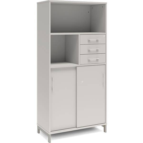 Office skab med skydedør og skuffer 1660x800mm lys grå med alugråt stel