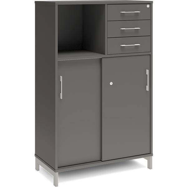 Office skab med skydedør og skuffer 1275x800mm antracit med alugråt stel