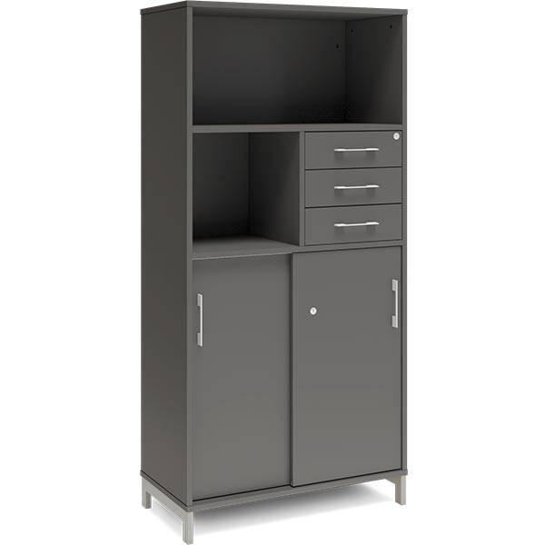 Office skab med skydedør og skuffer 1660x800mm antracit med alugråt stel