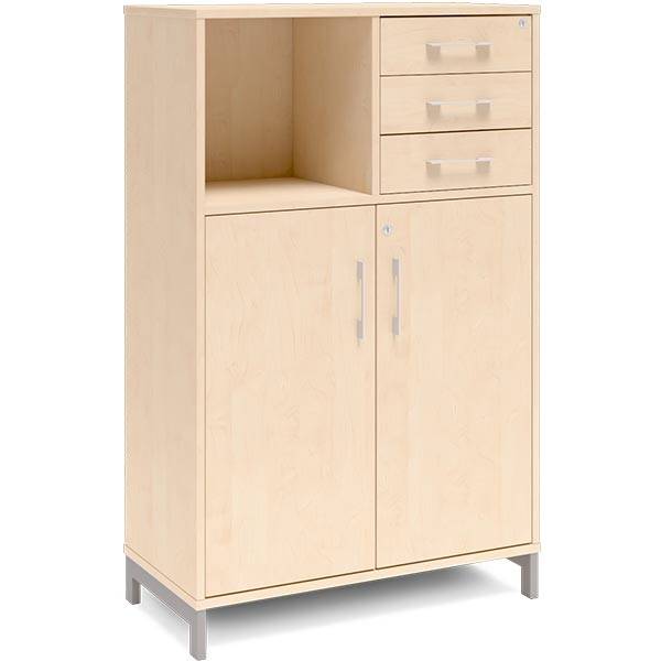 Office kontorskab med d&oslash;re og skuffer 1275x800mm birk med alugr&aring;t stel