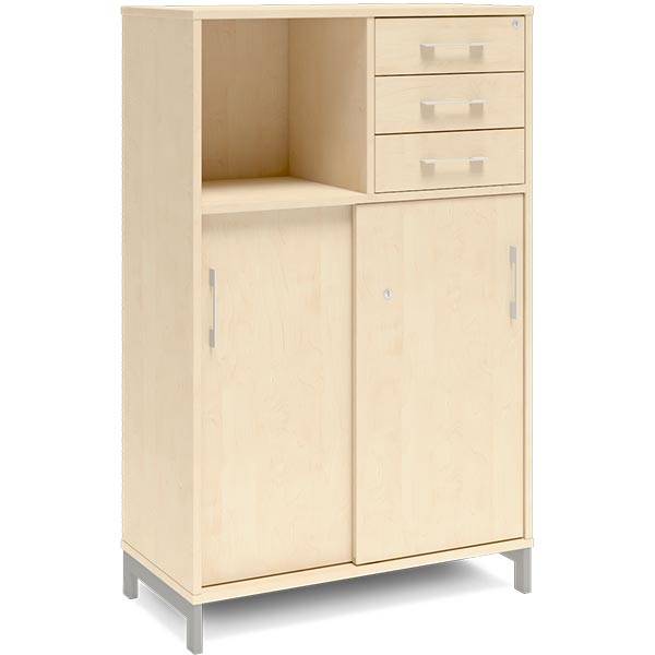 Office skab med skyded&oslash;r og skuffer 1275x800mm birk med alugr&aring;t stel