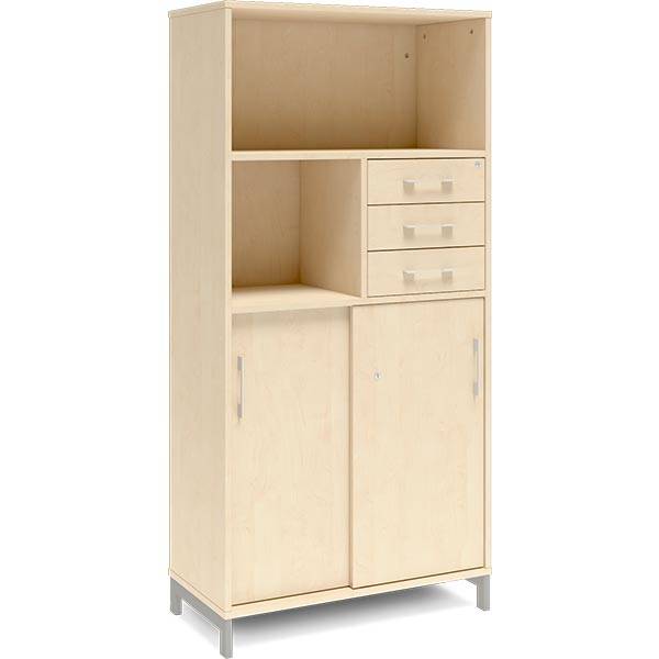 Office skab med skydedør og skuffer 1660x800mm birk med alugråt stel