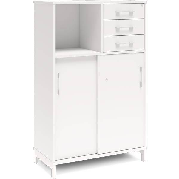 Office skab med skydedør og skuffer 1275x800mm hvid med hvidt stel