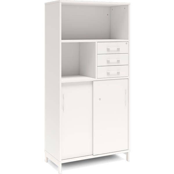 Office skab med skyded&oslash;r og skuffer 1660x800mm hvid med hvidt stel