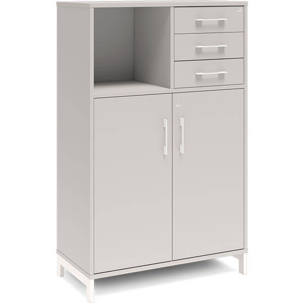 Office kontorskab med døre og skuffer 1275x800mm lys grå med hvidt stel