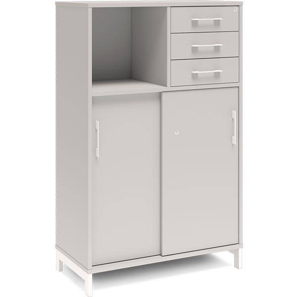Office skab med skydedør og skuffer 1275x800mm lys grå med hvidt stel