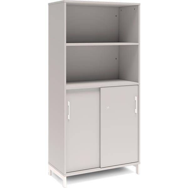 Office skab med skydedør og reol 1660x800mm lys grå med hvidt stel