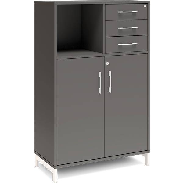 Office kontorskab med døre og skuffer 1275x800mm antracit med hvidt stel