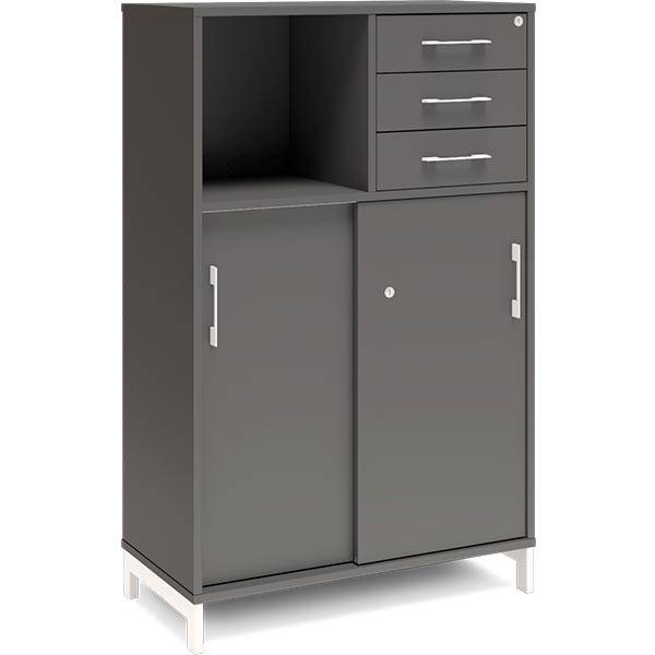 Office skab med skydedør og skuffer 1275x800mm antracit med hvidt stel
