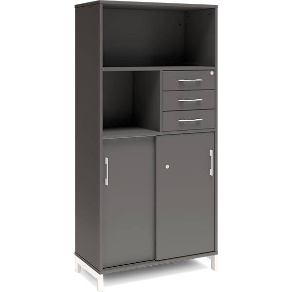 Office skab med skydedør og skuffer 1660x800mm antracit med hvidt stel
