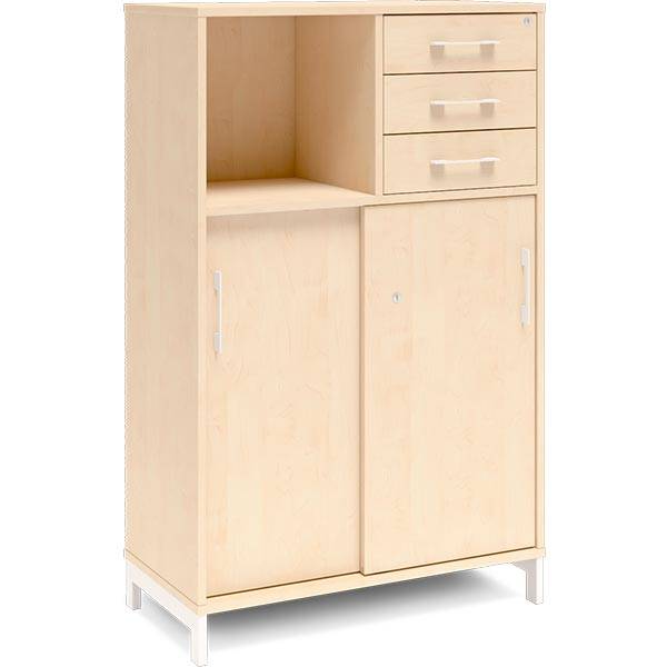 Office skab med skydedør og skuffer 1275x800mm birk med hvidt stel