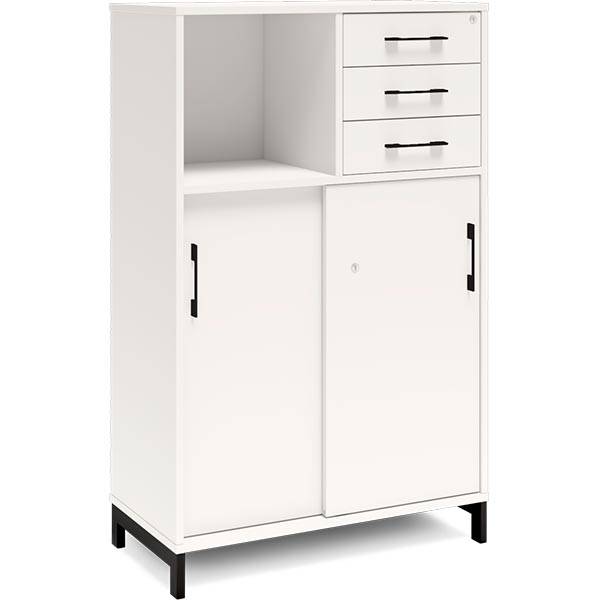 Office skab med skydedør og skuffer 1275x800mm hvid med sort stel