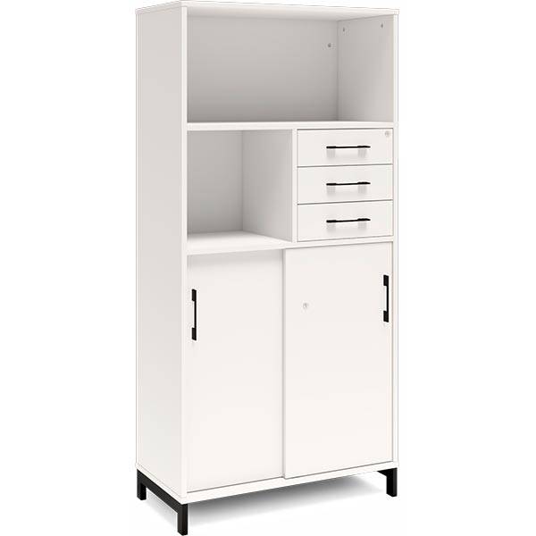 Office skab med skydedør og skuffer 1660x800mm hvid med sort stel