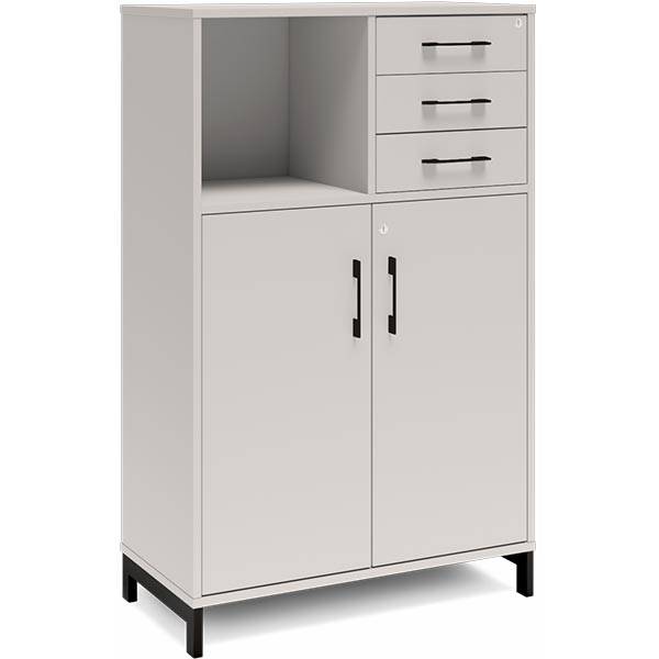 Office kontorskab med døre og skuffer 1275x800mm lys grå med sort stel