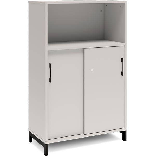 Office skab med skydedør og reol 1275x800mm lys grå med sort stel
