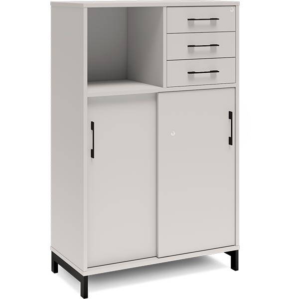 Office skab med skydedør og skuffer 1275x800mm lys grå med sort stel