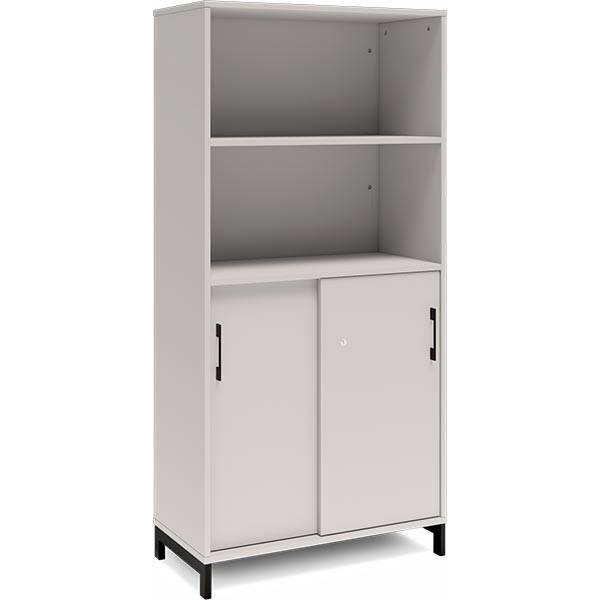 Office skab med skydedør og reol 1660x800mm lys grå med sort stel