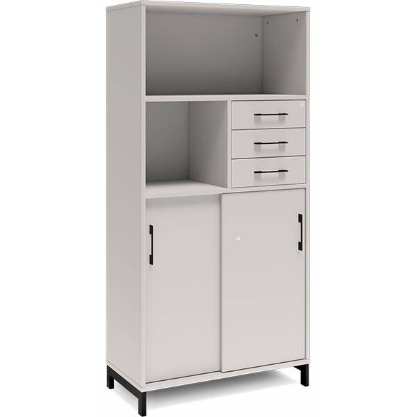 Office skab med skydedør og skuffer 1660x800mm lys grå med sort stel