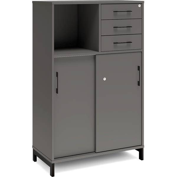 Office skab med skydedør og skuffer 1275x800mm antracit med sort stel