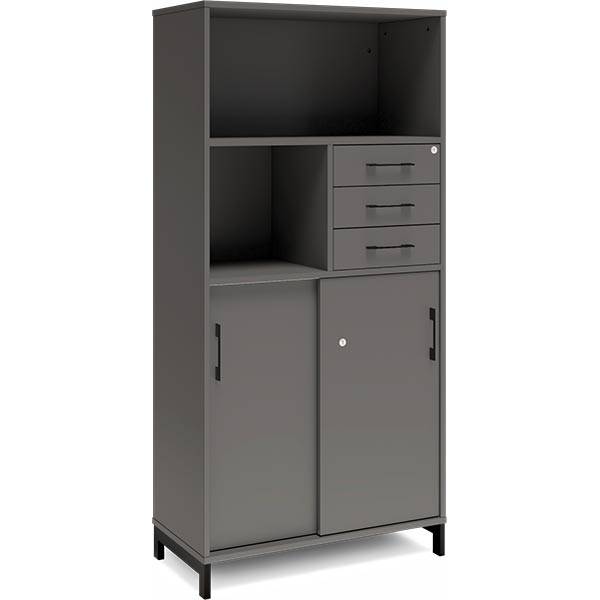 Office skab med skydedør og skuffer 1660x800mm antracit med sort stel