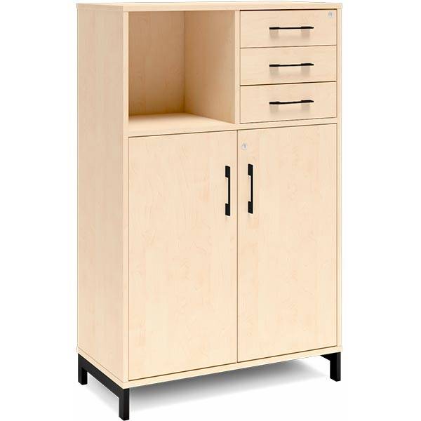 Office kontorskab med døre og skuffer 1275x800mm birk med sort stel