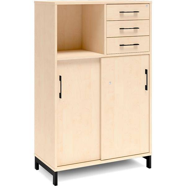 Office skab med skydedør og skuffer 1275x800mm birk med sort stel