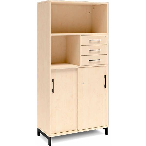 Office skab med skydedør og skuffer 1660x800mm birk med sort stel