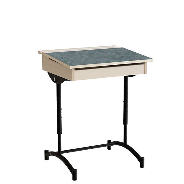 Elevbord 65x55cm i m&oslash;rk gr&aring; linoleum med sort stel, h&oslash;jde 70-90cm