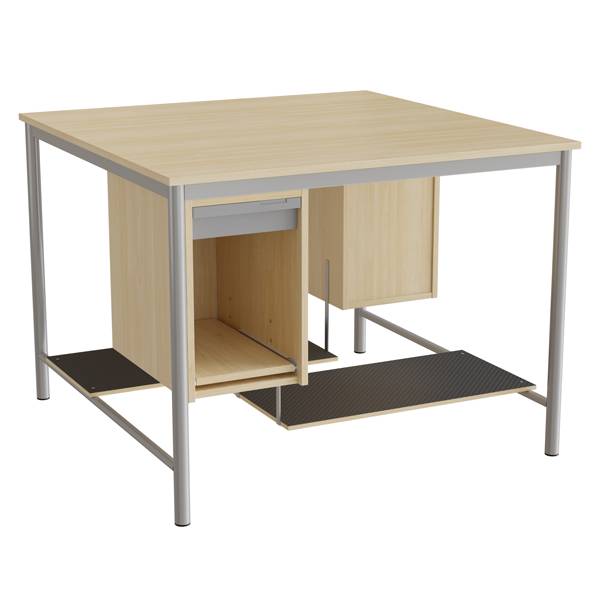 Sybord med fodplader 1200x1200mm birk laminat med alugråt stel