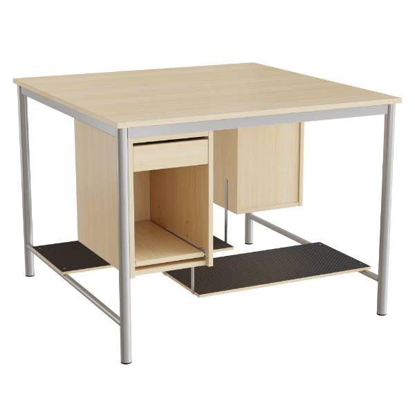 Sybord med fodplader 1200x1200mm birk laminat med alugråt stel