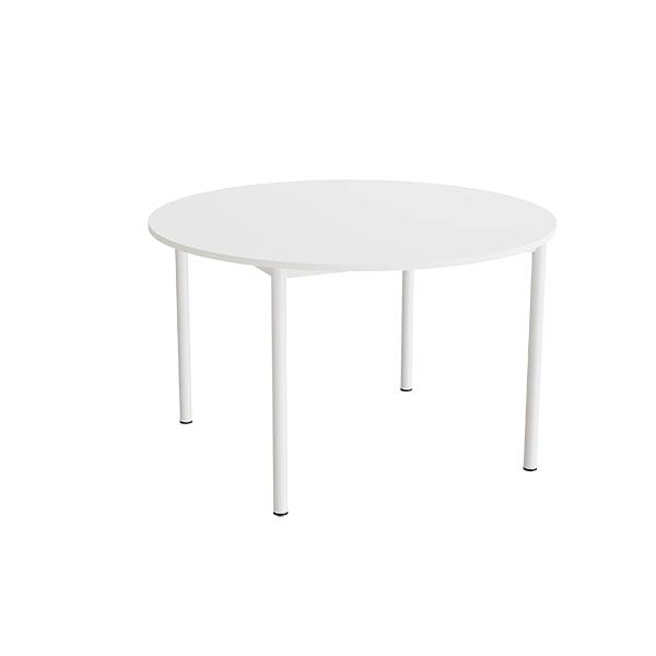 Kantinebord Ø120cm i hvid højtrykslaminat med hvidt stel, højde 72cm
