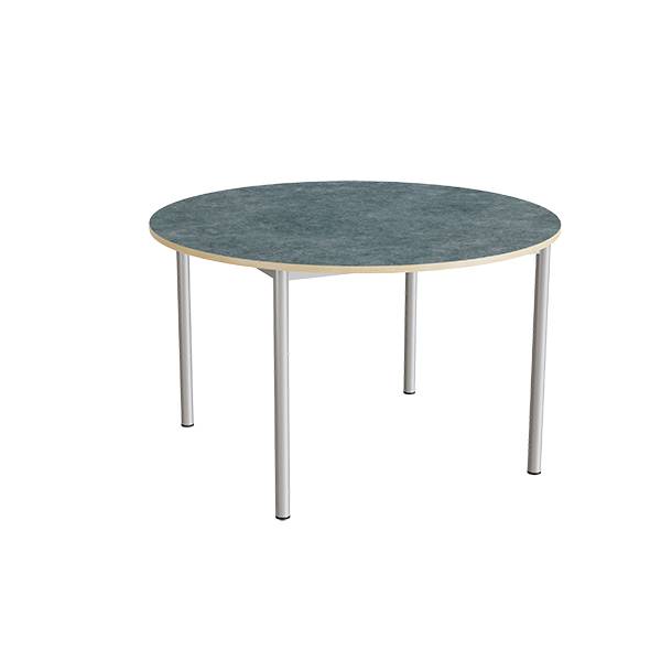 Kantinebord Ø120cm i mørk grå linoleum med alugråt stel, højde 72cm
