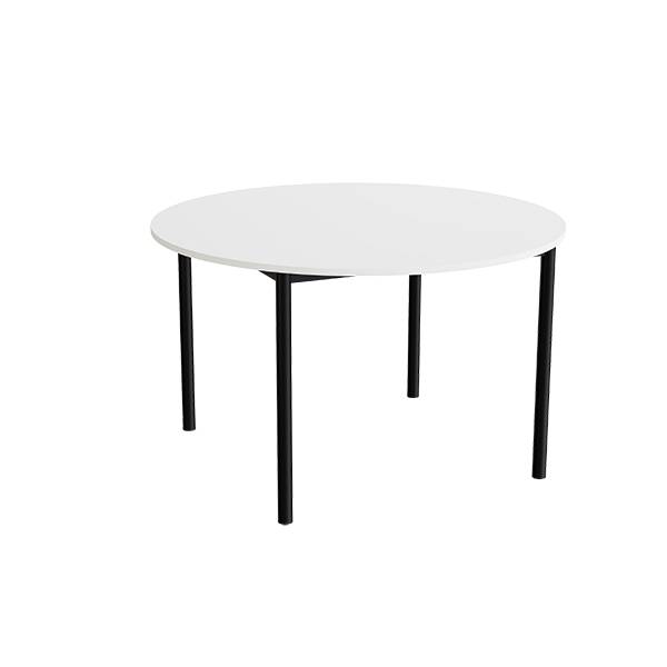 Kantinebord Ø120cm i lyddæmpende hvid laminat med sort stel, højde 72cm