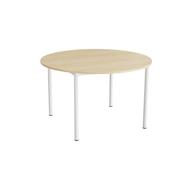 Kantinebord Ø120cm i lyddæmpende birk laminat med hvidt stel, højde 72cm